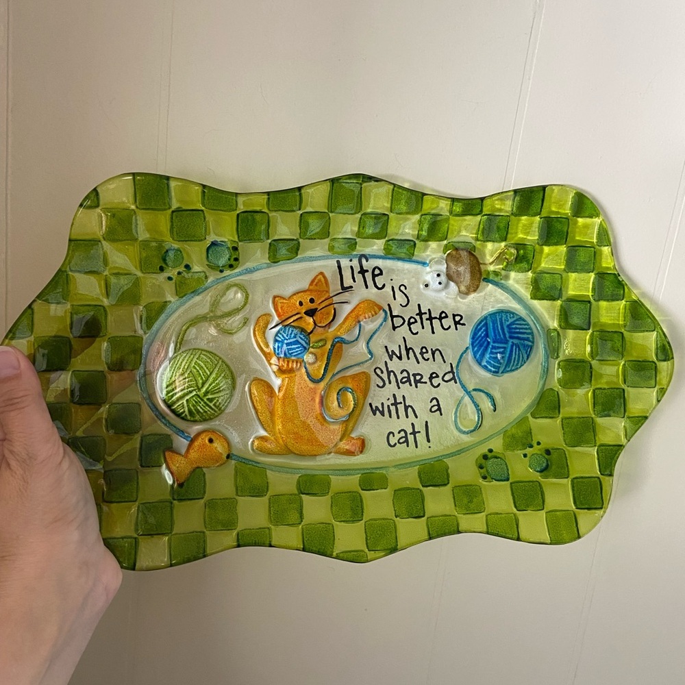Cat Platter “Life is Better When Shared with a Cat!" Reverse Painted Green Glass